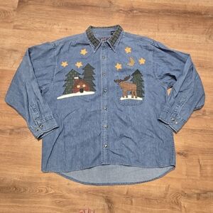 Vintage Danare Denim Shirt with Embroidered Moose and Cabin Winter Design Large